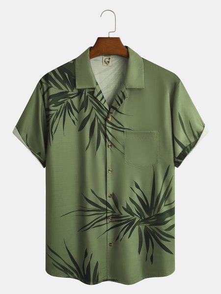 

Leaf Chest Pocket Short Sleeve Resort Shirt, Green, Men Shirts