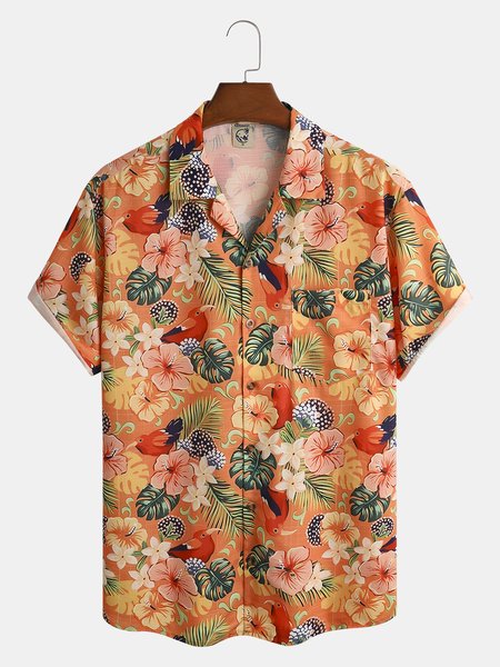 

Floral Chest Pocket Short Sleeve Resort Shirt, Orange, Men Shirts