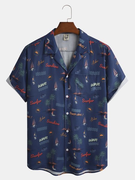 

Coconut Tree Chest Pocket Short Sleeve Resort Shirt, Blue, Men Shirts
