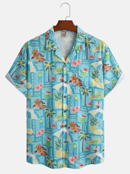 

Coconut Tree Seal Print Chest Pocket Short Sleeve Resort Shirt, Blue, Men Shirts