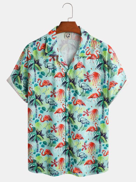 

Flamingo Chest Chest Pocket Sleeve Resort Shirt, Green, Men Shirts