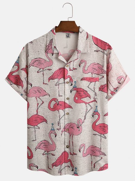 

Flamingo Chest Pocket Short Sleeve Aloha Shirt, Yellow, Men Shirts