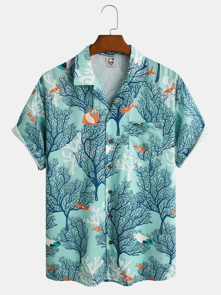 

Coral Chest Pocket Short Sleeve Aloha Shirt, Green, Men Shirts