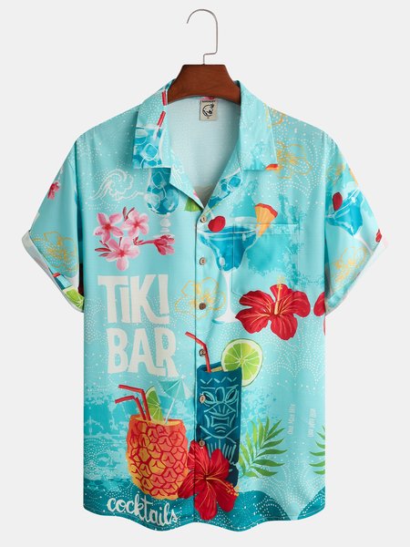 

Fruit Drinks Chest Pocket Short Sleeve Resort Shirt, Light blue, Men Shirts