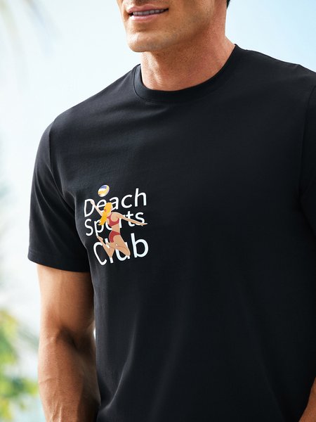 

Pure Cotton Beach Volleyball Casual Round Neck T-Shirt, Black, Men's t-shirts