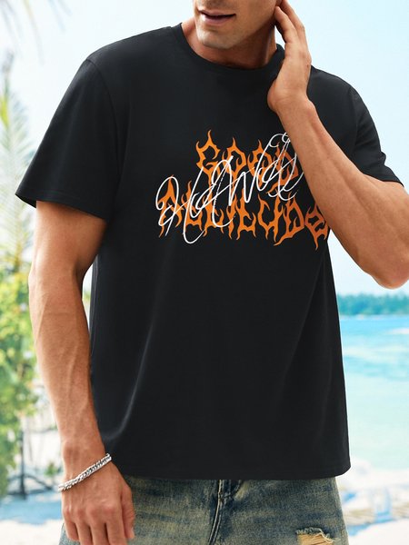 

Letters Round Neck Short Sleeve T-shirt, Black, Men's t-shirts