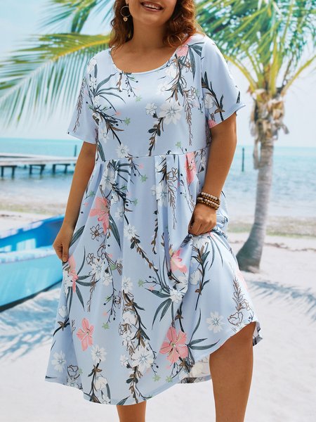 

Plus Size Floral Short Sleeve Woven Dress, Blue, DRESSES