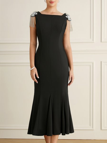 

Crew Neck Elegant Knitted Regular Fit Wedding Guest Dress, Black, Midi Dresses