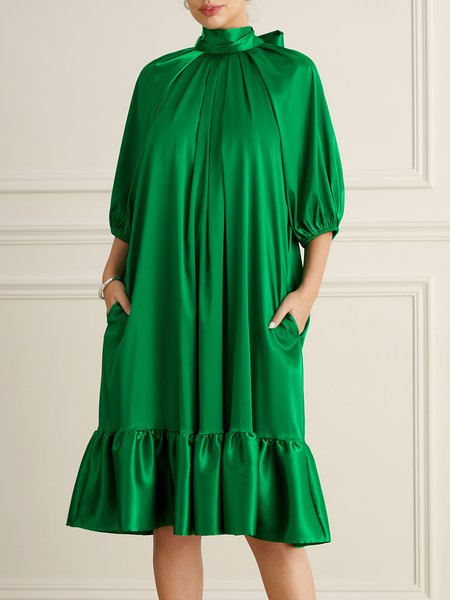 

Satin Stand Collar Plain Elegant Ruffled Skirt Party Dress, Green, Cocktail Dresses