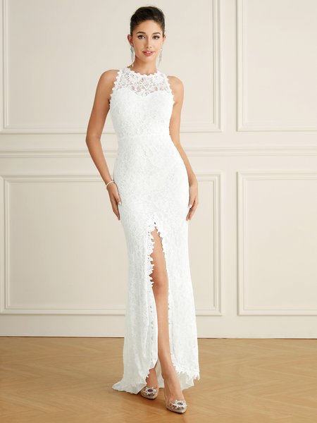 

Party Floral Halter Tight Elegant Dress, White, Maxi Dresses