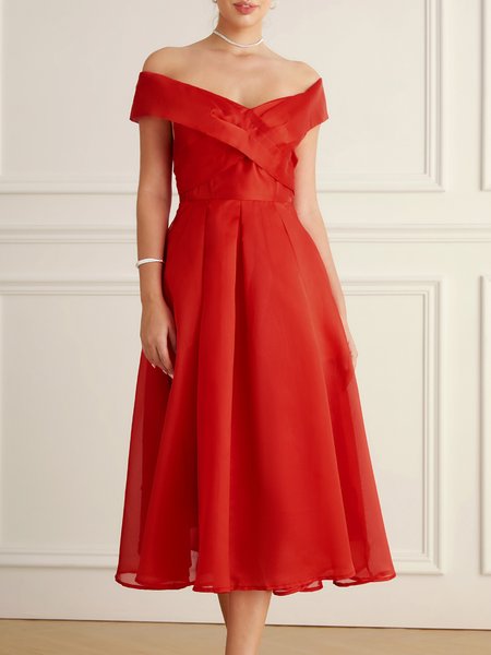 

Midi Plain Elegant Regular Fit Wedding Dress, Red, Cocktail Dresses