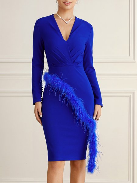 

Elegant V Neck Feather-Trimmed Plain Wedding Guest Dress, Blue, Midi Dresses