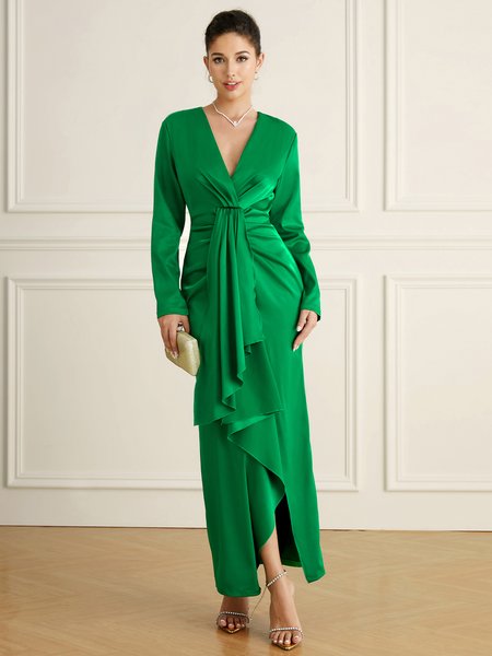 

Plain V Neck Regular Fit Elegant Long Party Dress, Green, Wedding Guest Dresses