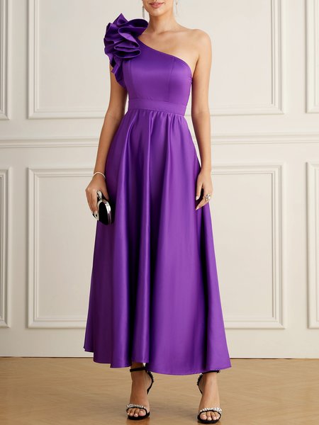 

Elegant One Shoulder Wedding Guest Dress, Purple, Midi Dresses