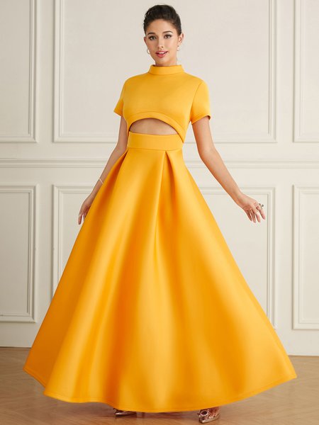 

Short sleeve Half Turtleneck Elegant Party Dress, Yellow, Cocktail Dresses