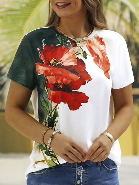 

Floral Crew Neck Casual Short Sleeve T-Shirt, As picture, T-shirts