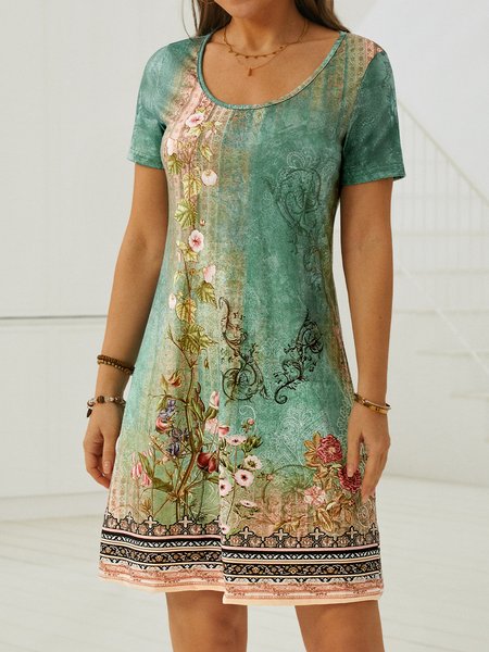 

Crew Neck Loose Floral Casual Dress, Green, Short