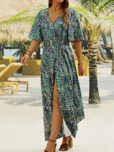 

Vacation Disty Floral Short Sleeve Dress, Green, Maxi