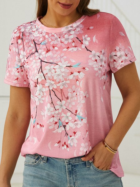 

Floral Crew Neck Loose Casual T-Shirt, Pink, T-shirts