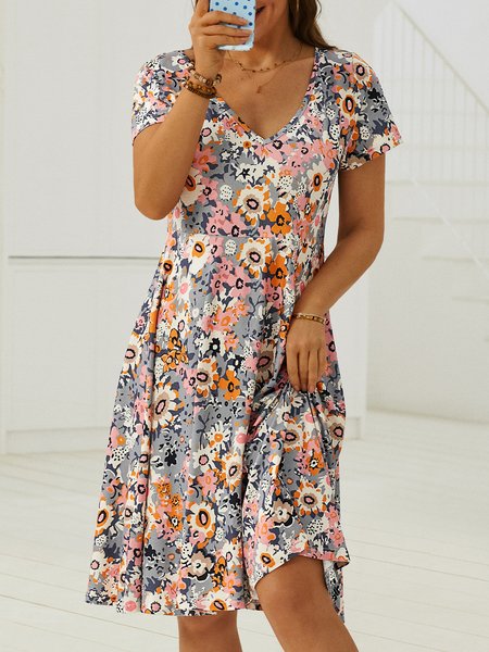 

Floral Casual Regular Fit Short Sleeve Knit Dress, Flower, Short