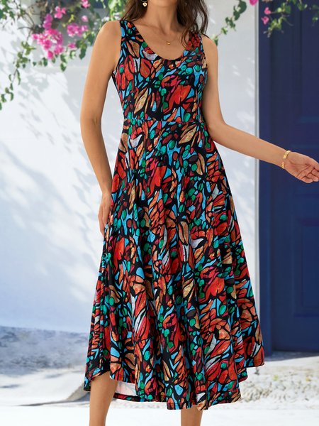 

Geometric Vacation Loose V Neck Dress, Multicolor, Dresses
