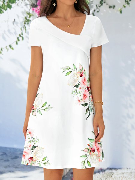 

Floral Loose Asymmetrical Casual Dress, White, Dresses