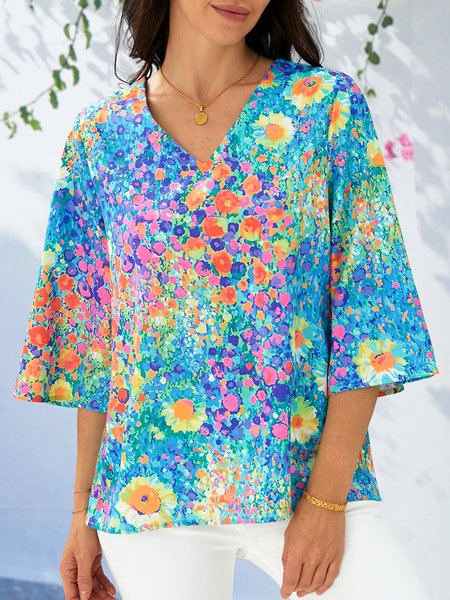 

V Neck Vacation Floral Loose Shirt, Blue, Shirts & Blouses