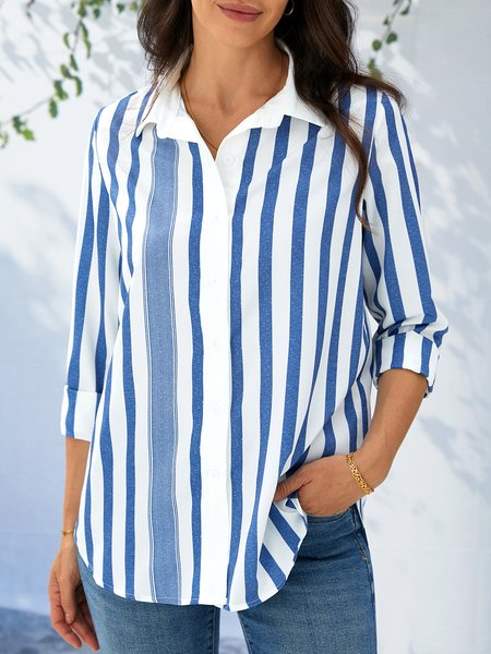 

Shirt Collar Stripes Cotton-Blend Long Sleeve Blouse, White, Shirts & Blouses