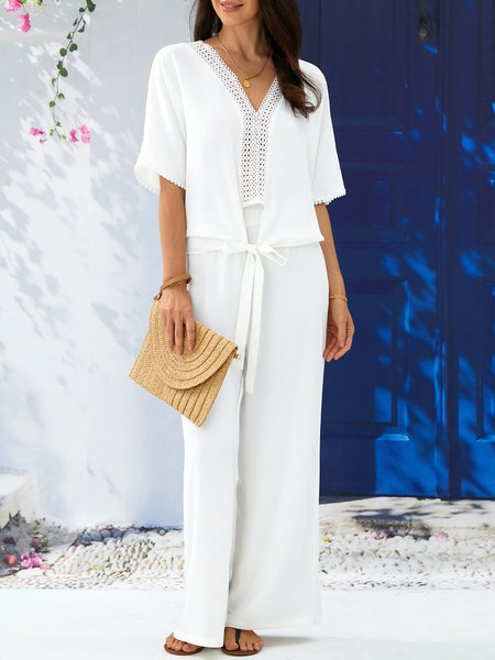 

Loose Casual Plain Two-Piece Set, White, Suit Set