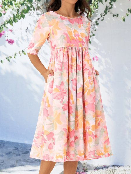 

Loose Floral Crew Neck Casual Dress, Pink, Dresses