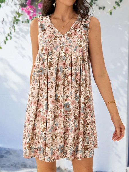 

Casual Loose Floral V Neck Dress, Khaki, Short