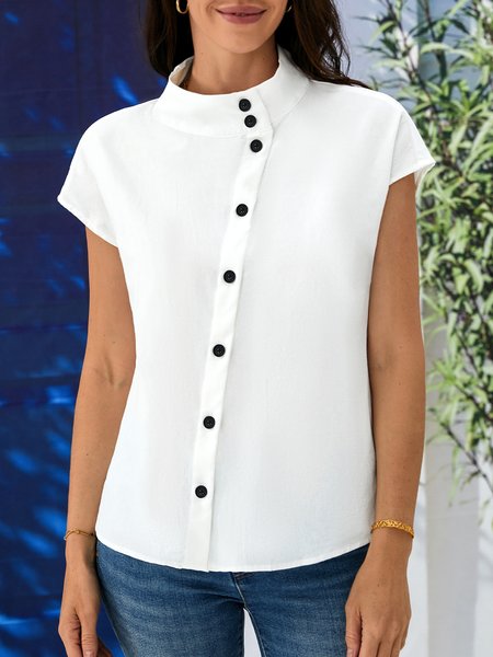 

Women's Cotton Linen Stand Collar Casual Shirt, Pink, Shirts & Blouses