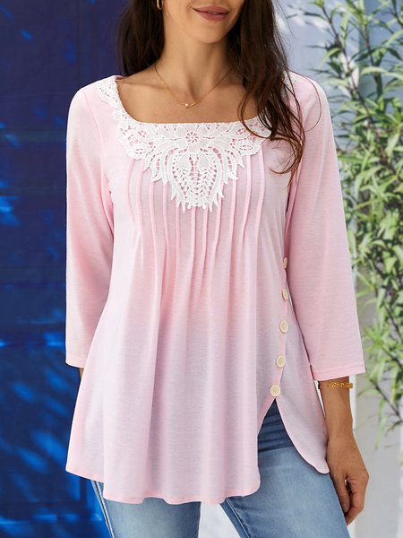 

Square Neck Casual Plain Regular Fit Top, Pink, Shirts & Blouses