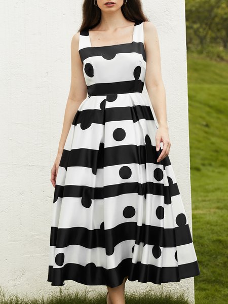 

Polka Dots Sleeveless Square Neck Regular Fit Elegant Midi Party Dress, Black-white, Dresses