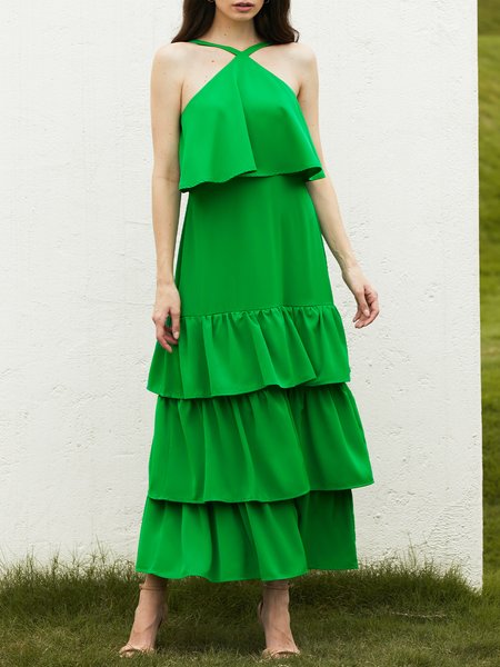 

Regular Fit Vacation Plain Halter Sleeveless Maxi Dress, Green, Dresses