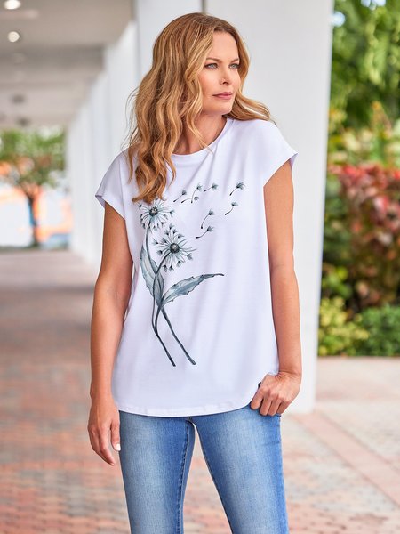 

Casual Dandelion Short Sleeve Round Neck Printed Top T-Shirt, White, T-shirts