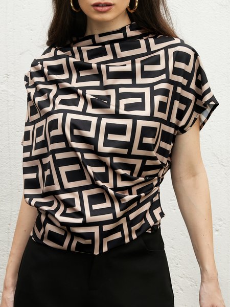 

Short sleeve Geometric Stand Collar Urban Shirt, Black, Blouses and Shirts