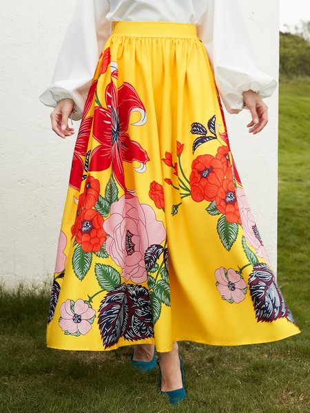 

2023 Fashion week floral Vacation A-line Long Skirt, Yellow, Skirts