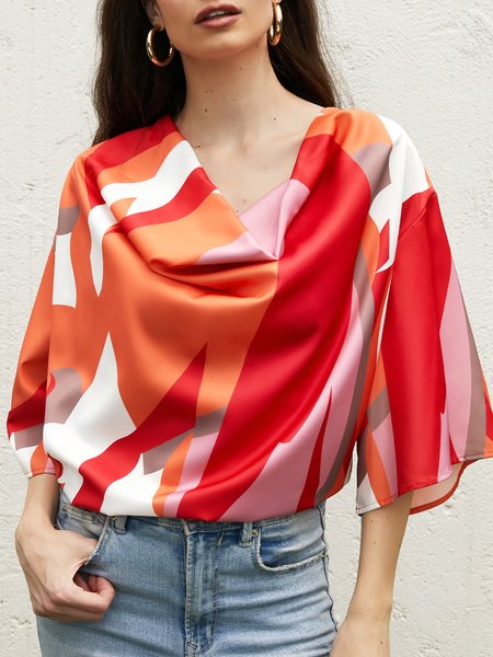 

Loose Urban Geometric Print V Neck Blouse, Orange, Blouses and Shirts