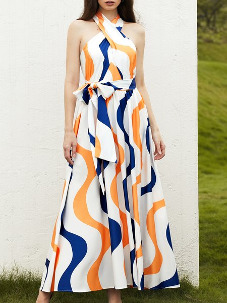 

Vacation Geometric Print Cross Neck Dress, Blue, Dresses