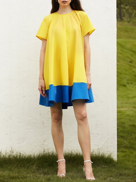 

Loose Color Block Short sleeve Urban Crew NeckSkirt Dress, Yellow, Dresses