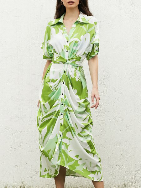 

Regular Fit Shirt Collar Floral Vacation Dress, Green, Dresses