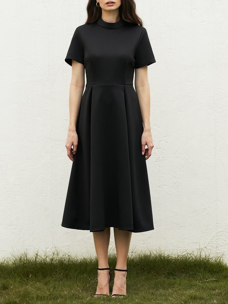 

Regular Fit Plain Stand Collar Short sleeve Elegant Dress, Black, Dresses