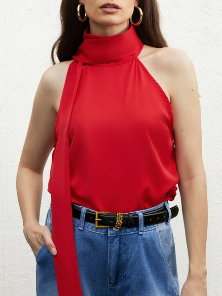 

Daily Regular Fit Elegant Plain Halter Shirt, Red, Blouses and Shirts