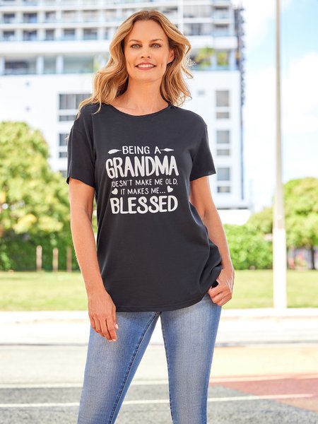 

Casual Short Sleeve Round Neck Printed Top T-Shirt, Black, T-shirts