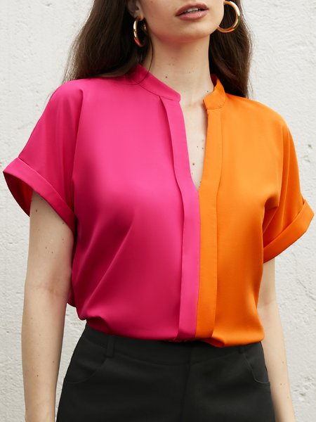 

Urban Loose Color Block Stand Collar Blouse, As picture, Blouses and Shirts