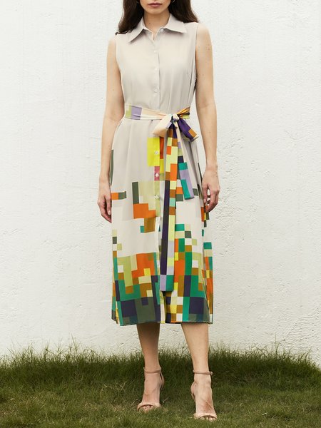 

Loose Shirt Collar Geometric Print Elegant Dress, As picture, Dresses