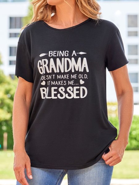 

Casual Short Sleeve Round Neck Printed Top T-Shirt, Black, T-shirts