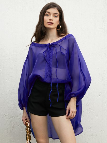 

Plain Lantern Sleeve Urban Loose Blouse, Blue, Blouses and Shirts