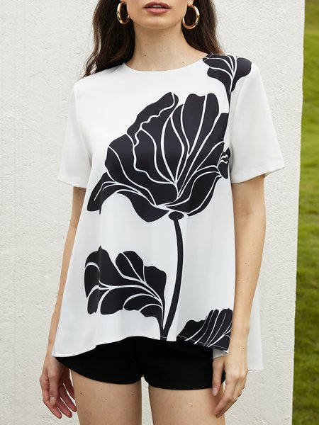 

2023 Fashion week elegant Crew Neck Loose Floral Short Sleeve Shirt, Off white, Blouses and Shirts